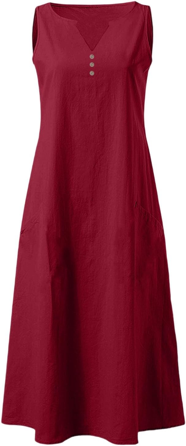 Camille Women's Dress – Maxi Linen Dress with V-Neck, Sleeveless, Buttoned, Pockets, Summer