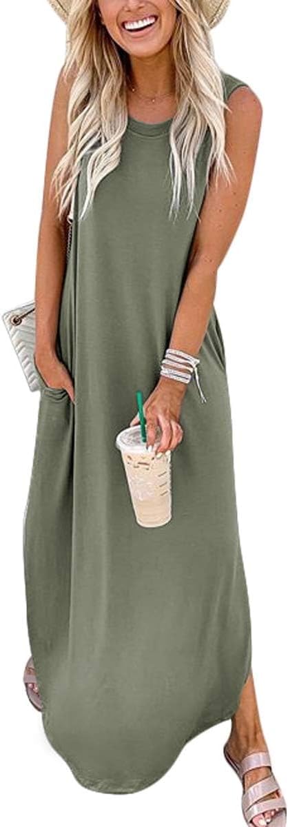 Anna Maxi Dress for Women – Sleeveless Long Dress with Slits and Pockets, Casual Summer