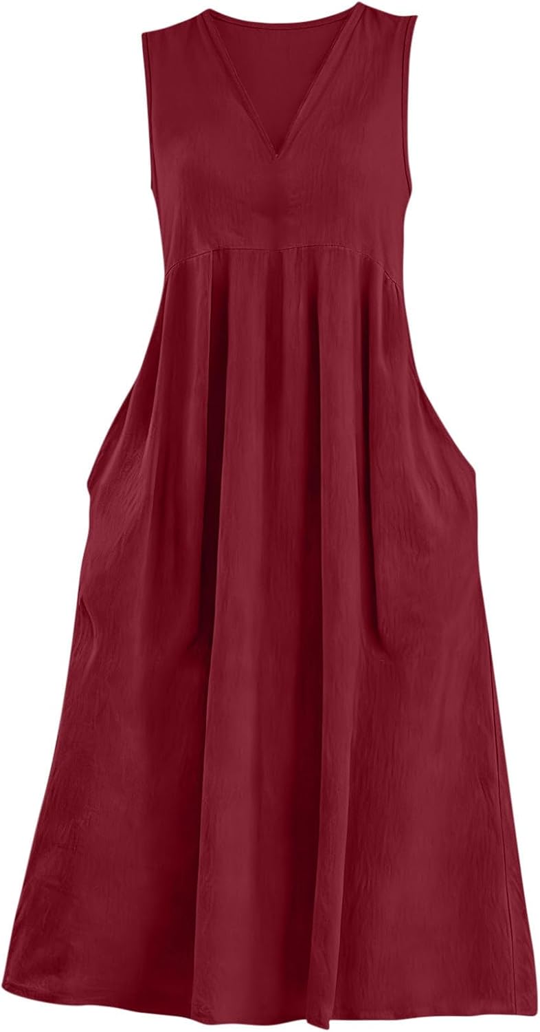 Lina Women's Dress – Maxi Linen Dress V-Neck Sleeveless Fluid Summer Pockets