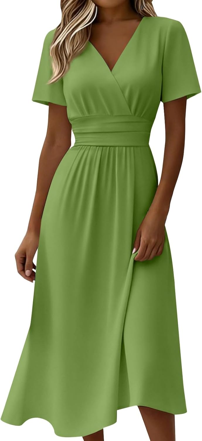 Clara Women's Dress – Elegant Midi Dress with V-Neck, Short Sleeves, High Waist, A-Line