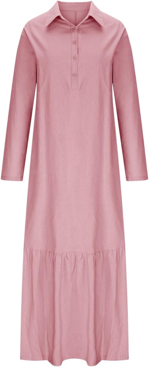 Élina Long Cotton and Linen Dress for Women – Loose Shirt Dress with Asymmetric Hem