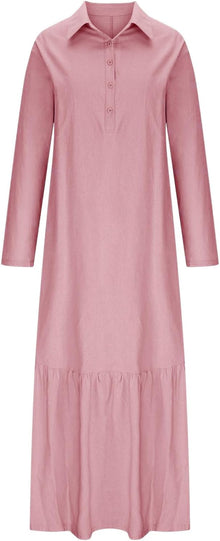 Élina Long Cotton and Linen Dress for Women – Loose Shirt Dress with Asymmetric Hem