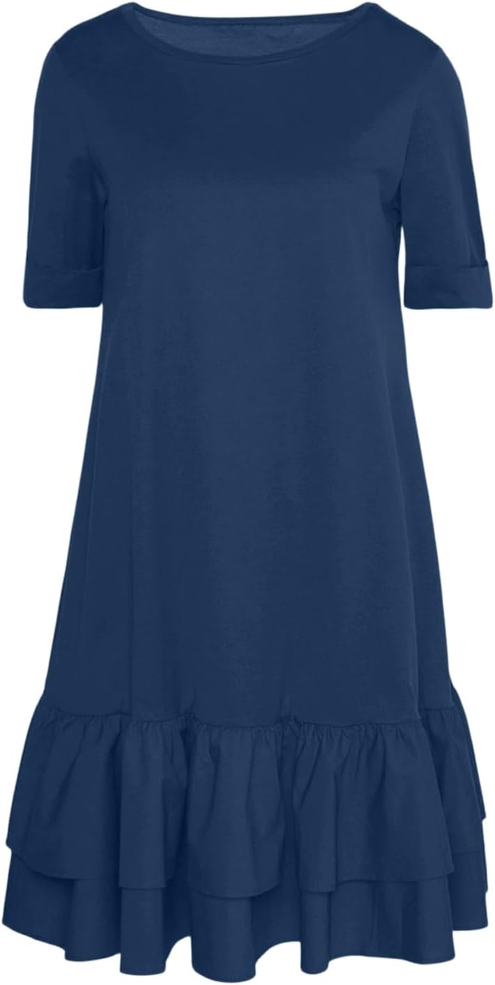 Lina Women's Dress – Mini T-Shirt Dress with Round Neck, Ruffles, Double Hem, Bohemian Summer