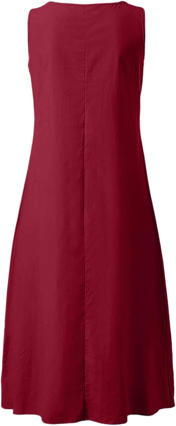 Camille Women's Dress – Maxi Linen Dress with V-Neck, Sleeveless, Buttoned, Pockets, Summer