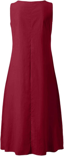 Camille Women's Dress – Maxi Linen Dress with V-Neck, Sleeveless, Buttoned, Pockets, Summer