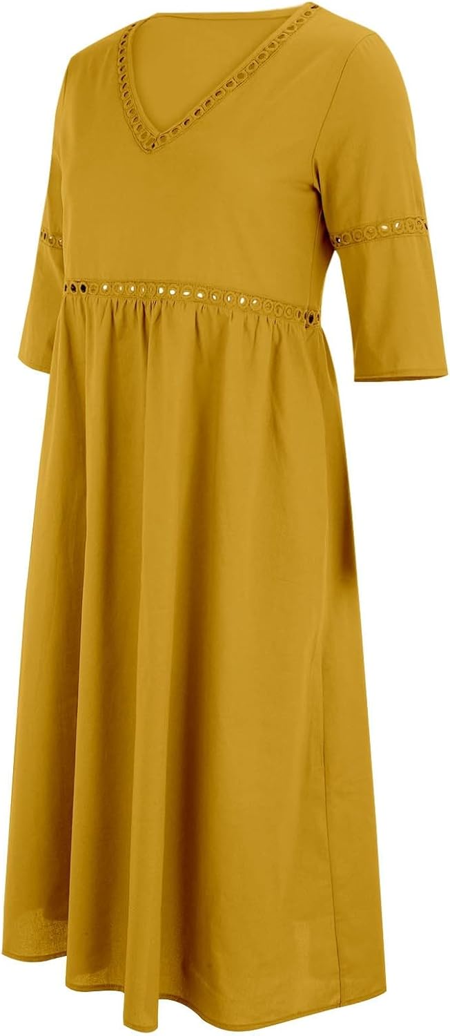 Laura Women's Dress – Midi Linen Dress with V-Neck, 3/4 Sleeves, Pockets, A-Line Summer Dress