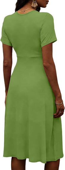 Clara Women's Dress – Elegant Midi Dress with V-Neck, Short Sleeves, High Waist, A-Line