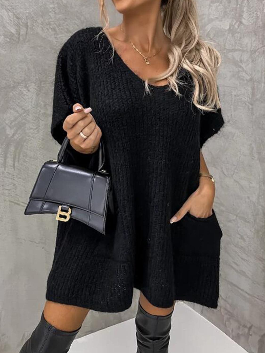 Francesca Knitted Dress for Women – Soft Knit with V-Neck, Relaxed Fit, Short Sleeves and Front Pockets