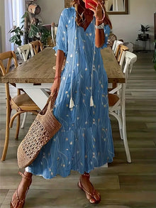 Bohemian Dress Woman Charm – Elegant Summer Dress with Ruffles with V Neck & Ikat Pattern