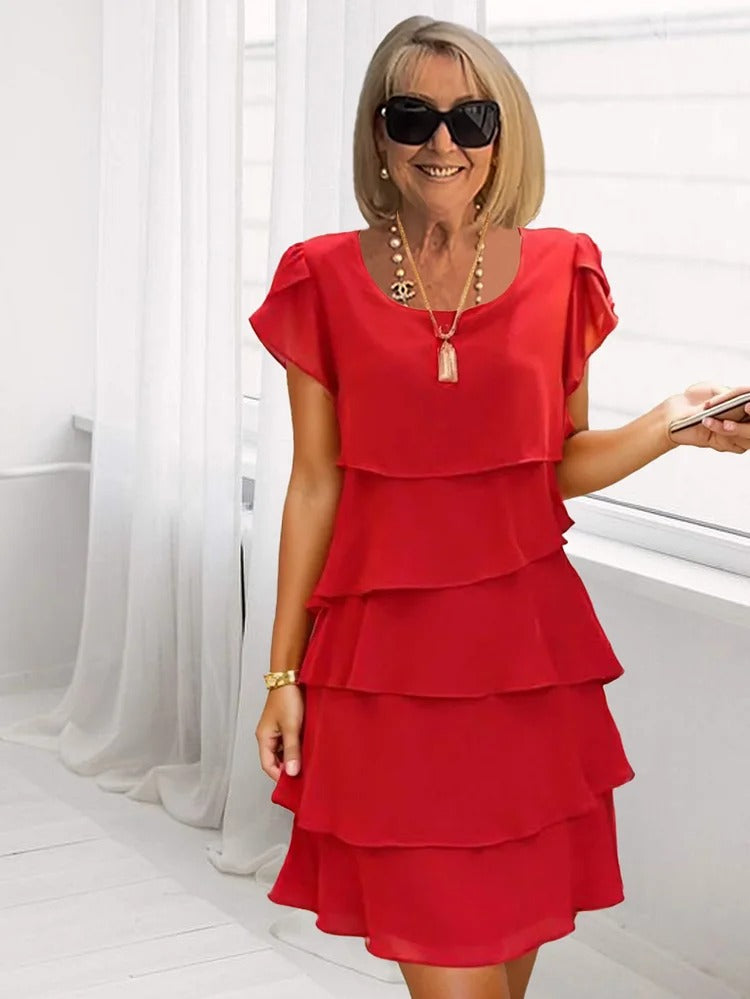 Giselle Midi Dress Woman – Fluid Chiffon Dress with Asymmetric Hem, Layered & Elegant