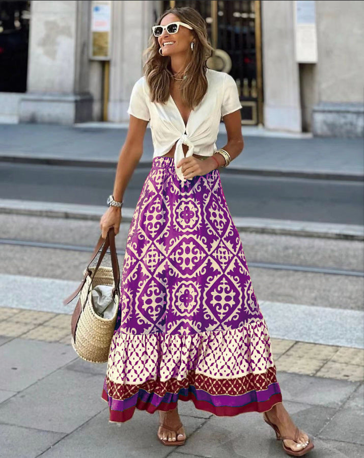 Alice Long Skirt Women – Flowing Skirt with Geometric Pattern and Comfortable Elastic Waistband