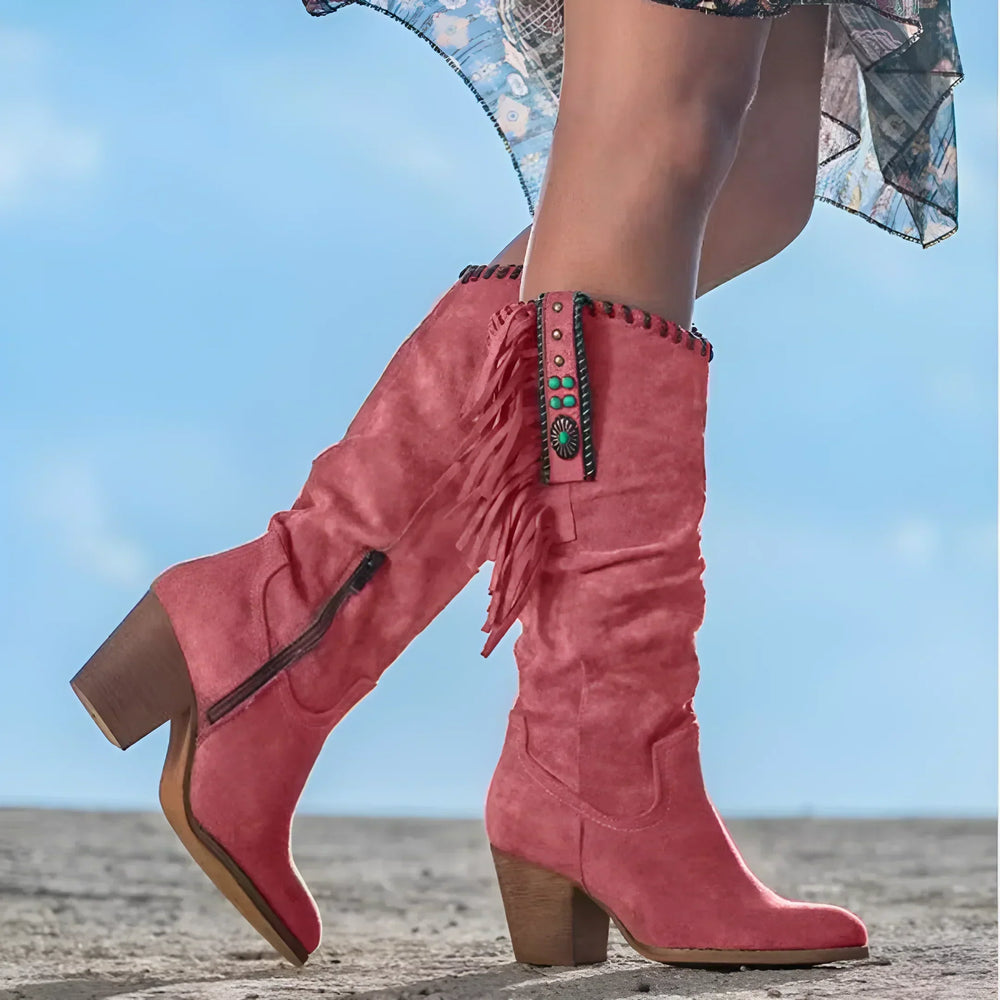 Nathalie Boots Woman – Genuine Leather Cowboy Boots with Fringes & Thick Heel