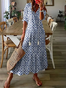 Bohemian Dress Woman Charm – Elegant Summer Dress with Ruffles with V Neck & Ikat Pattern