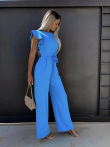 Jessy Combinaison Femme – Jumpsuit Large with Butterfly Sleeves & Structured Waist Belt