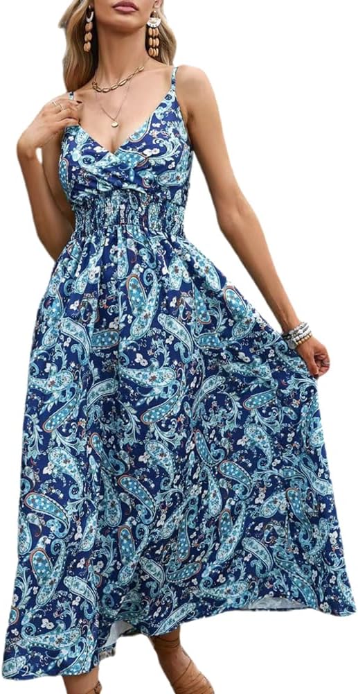 Léa Women's Summer Dress – Elegant Bohemian Floral Dress with Straps and V-Neck for the Beach