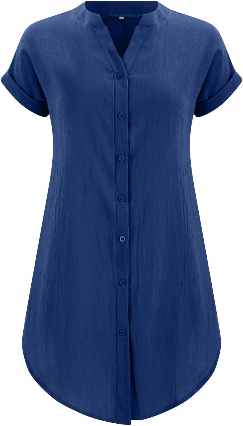 Sophie Women's Dress – Short Linen Dress with V-Neck, Buttoned, Short Sleeves, Flowing Fit, Summer