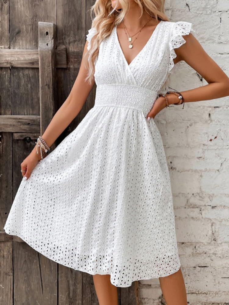 Adeline Women's Summer Midi Dress – V-Neck Eyelet Embroidery Dress with Ruffle Sleeves & Smocked Waist