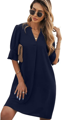 Emily Women's Summer Dress – Elegant V-Neck Dress with Loose Fit and Mid-Length Sleeves