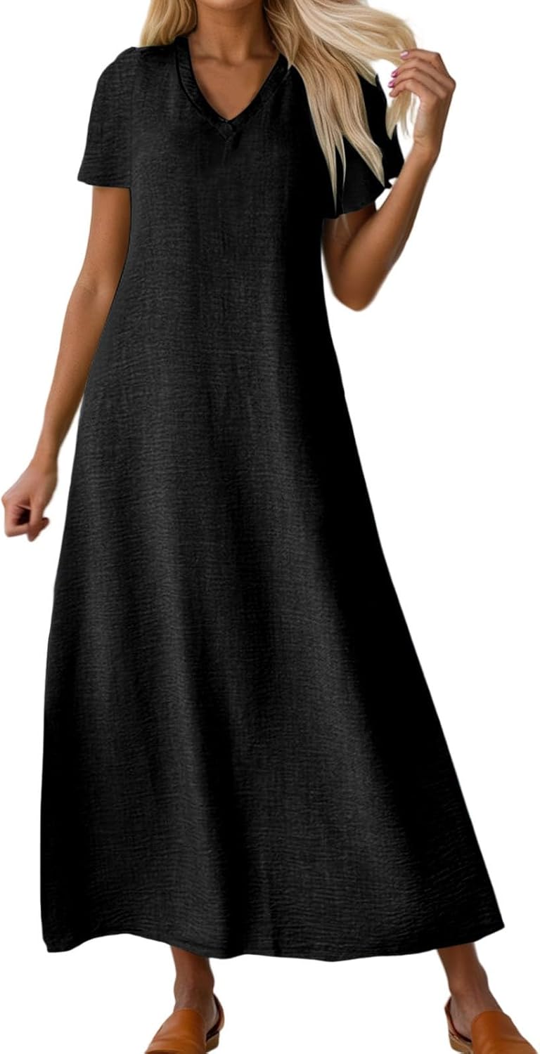 Laura Women's Dress – Long Linen Dress V-Neck Fluid Cut Bohemian Comfortable Summer