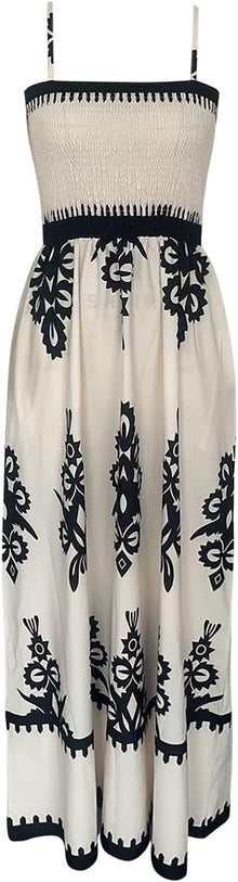 Amélie Women's Dress – Bohemian Maxi Dress with Smocked Square Neck Sleeveless Printed Summer