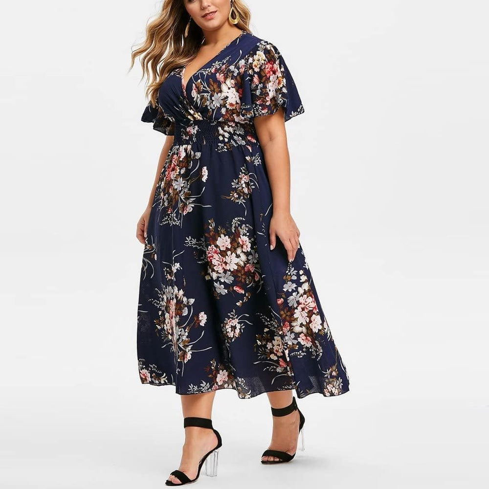 Élise Women's Dress – Floral Midi Dress V-Neck A-Line Lightweight Linen Cotton Elegant Summer