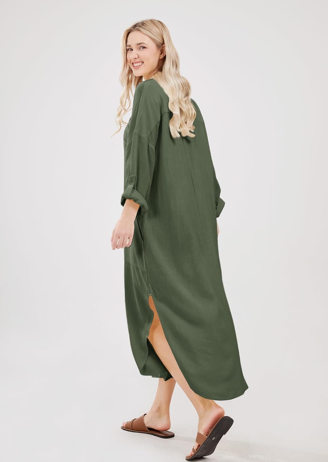 Emma Long Robe Chemise for Women – Buttoned Linen Cotton Dress with Slits and Pockets