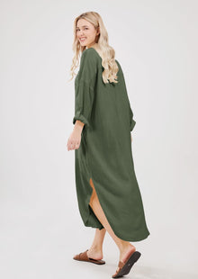 Emma Long Robe Chemise for Women – Buttoned Linen Cotton Dress with Slits and Pockets