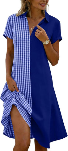 Julie Women's Dress – Plaid Dress with V-Neck, Short Sleeves, Flowing Bohemian Cut, Summer