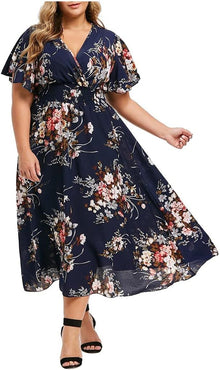 Élise Women's Dress – Floral Midi Dress V-Neck A-Line Lightweight Linen Cotton Elegant Summer