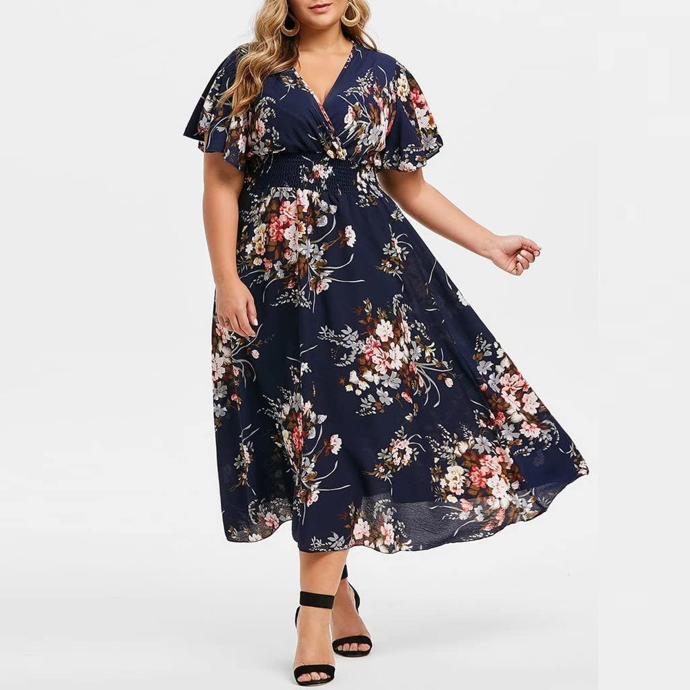 Élise Women's Dress – Floral Midi Dress V-Neck A-Line Lightweight Linen Cotton Elegant Summer