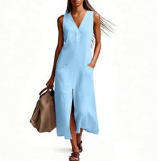 Emma Women's Robe – Maxi Linen Dress V-Neck Sleeveless Slit Pockets Elegant Summer