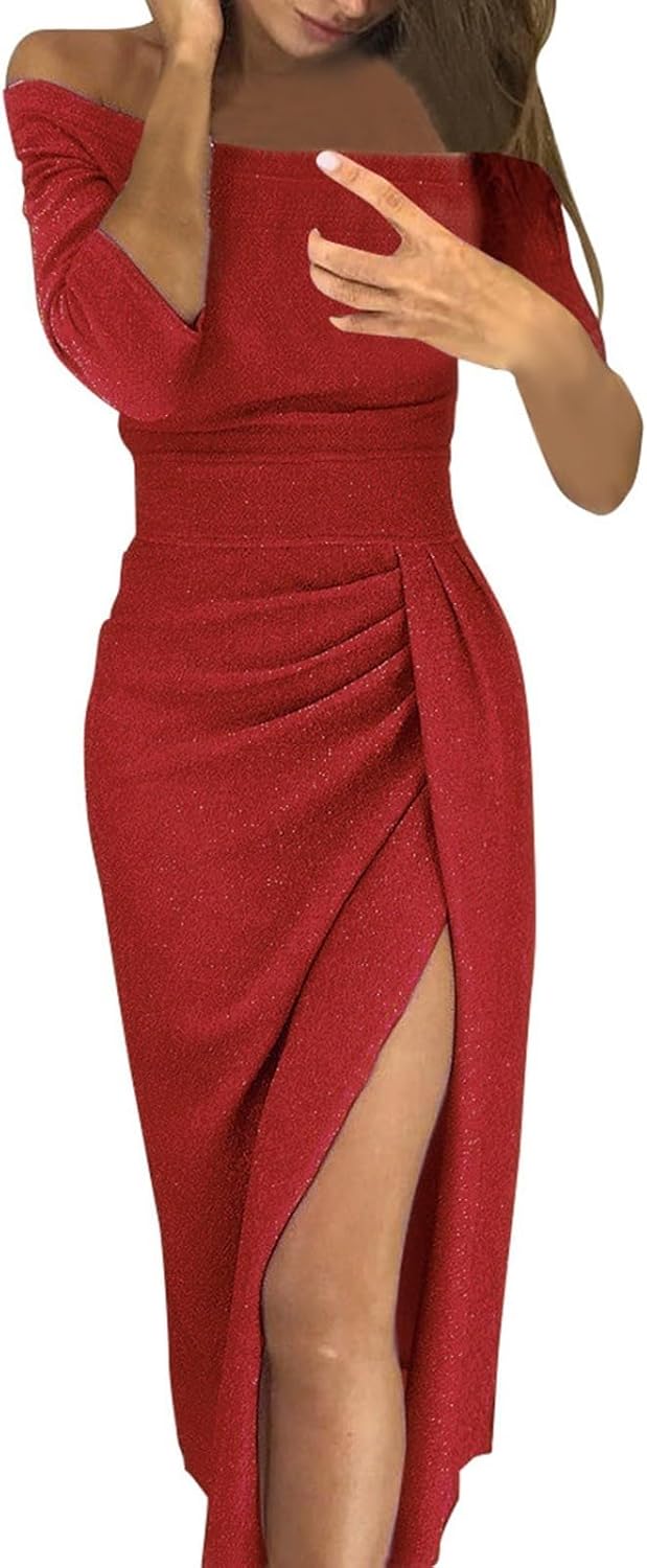 Mia Women's Dress – Shiny Bodycon Mini Dress with Off-Shoulder and Slit for Evening