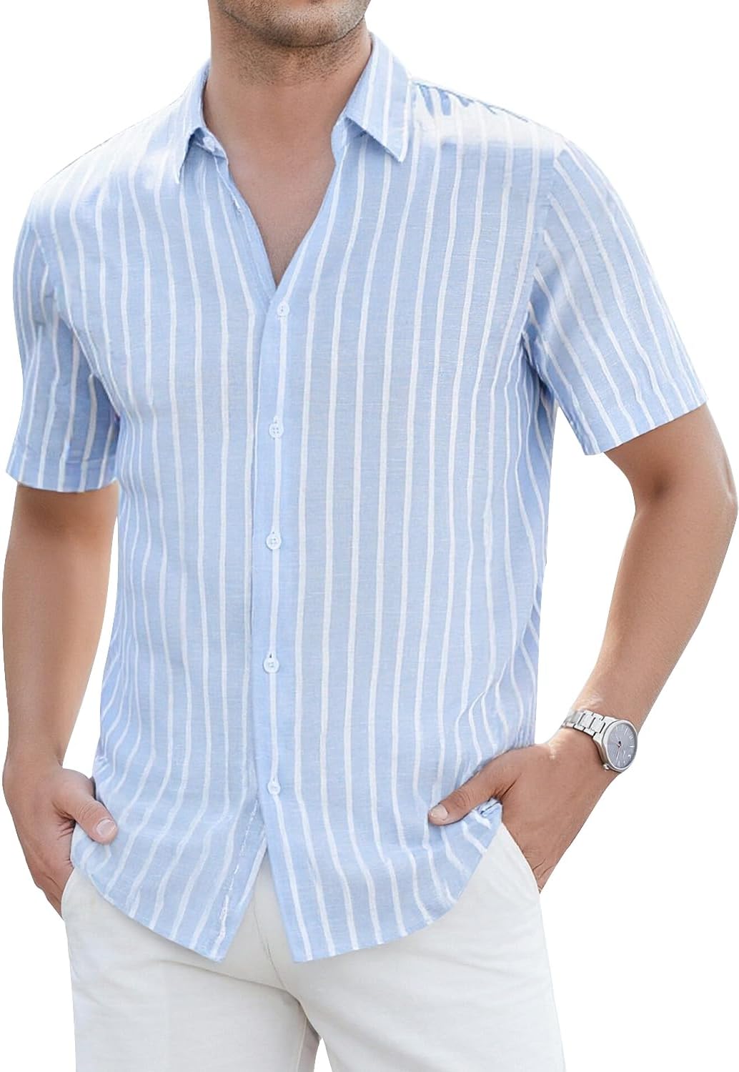 Marco Men's Shirt – Striped Linen Shirt Short Sleeves, Casual Chic Summer Style