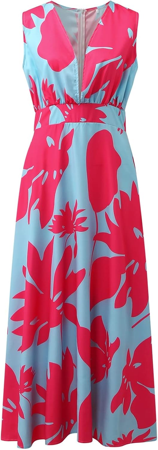 Maya Long Bohemian Dress for Women – Sleeveless Dress with V-Neck, Zipper, and Elegant Print