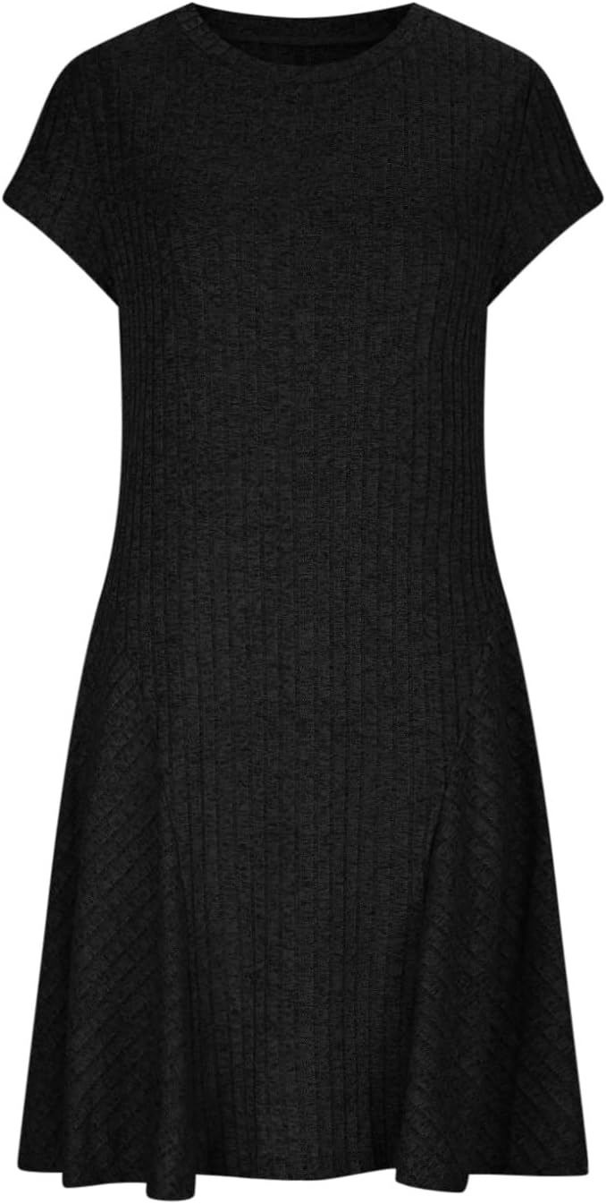 Emma Women's Robe – Elegant Ribbed Knit Midi Dress with Round Neck and Short Sleeves