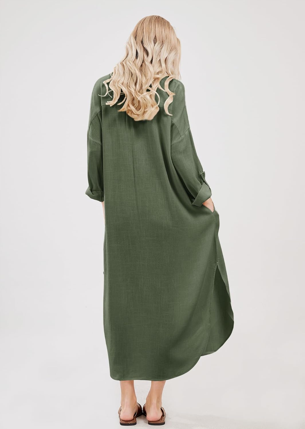 Emma Long Robe Chemise for Women – Buttoned Linen Cotton Dress with Slits and Pockets