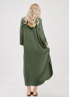 Emma Long Robe Chemise for Women – Buttoned Linen Cotton Dress with Slits and Pockets