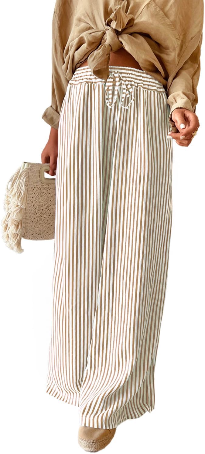 Arlyn Women's Pants – Wide Striped Palazzo with Elastic Waist & Pockets