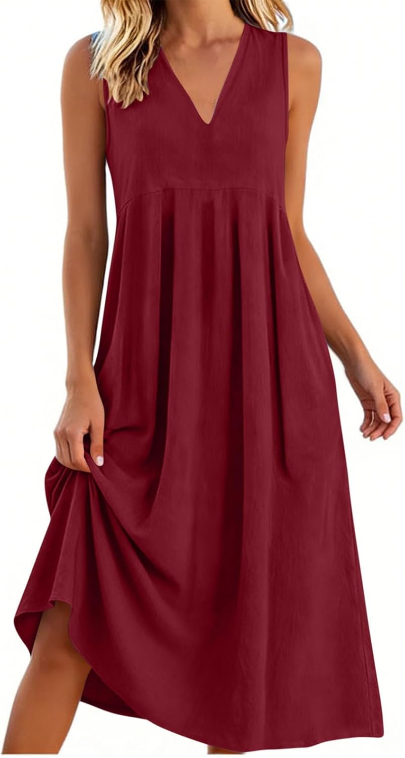 Lina Women's Dress – Maxi Linen Dress V-Neck Sleeveless Fluid Summer Pockets