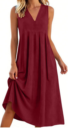 Lina Women's Dress – Maxi Linen Dress V-Neck Sleeveless Fluid Summer Pockets