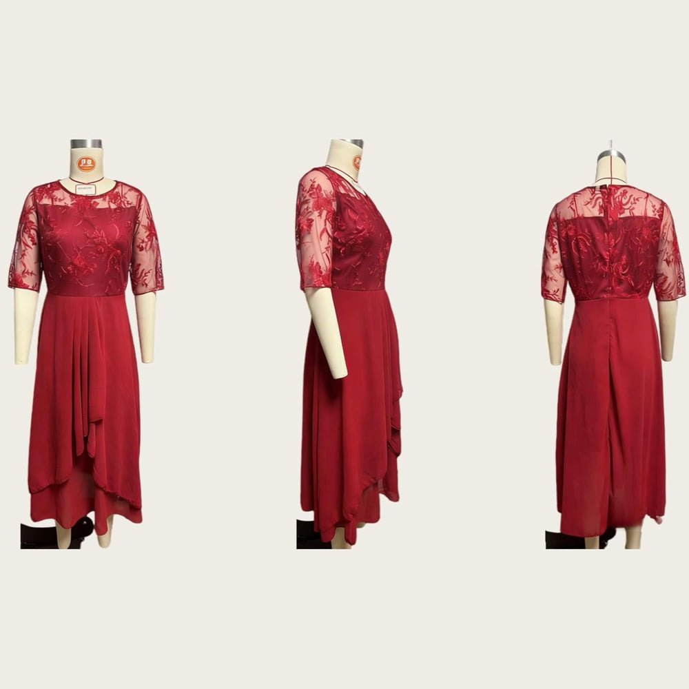 Isabelle Women's Dress – Elegant V-Neck Lace Maxi Dress with Mid-Length Sleeves for Wedding