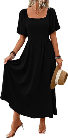Patricia Women's Maxi Dress – Square Neck, Flowing A-Line Cut, Summer Batwing Sleeves