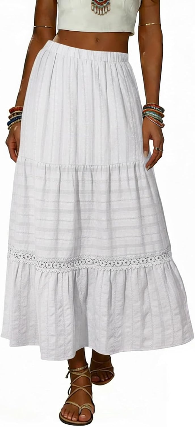 Breilla Maxi Skirt for Women – Bohemian Cotton Skirt, Crochet Lace & Flowing