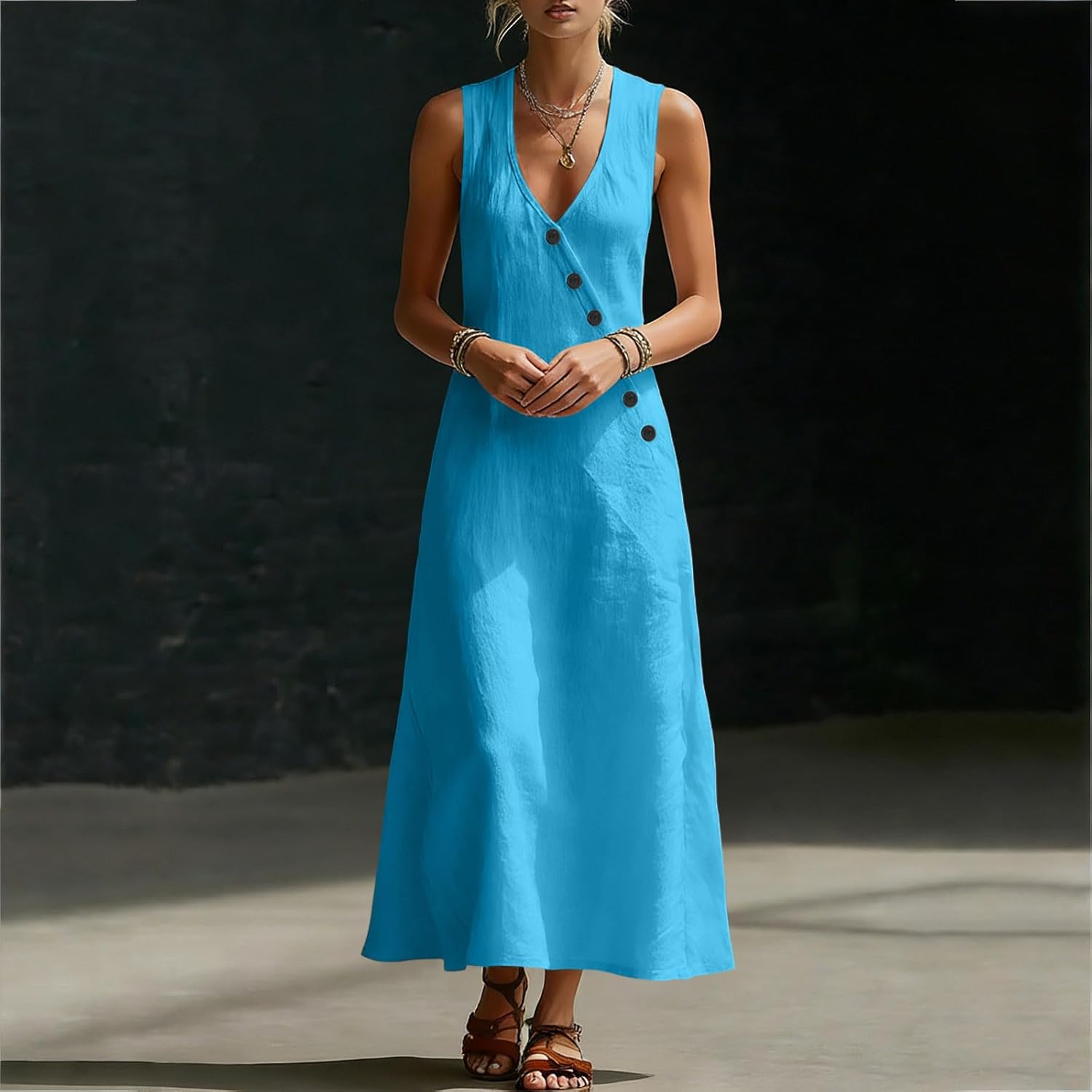 Laura Women's Dress – Midi Cotton Dress V-Neck Sleeveless Buttons A-Line Cut Summer