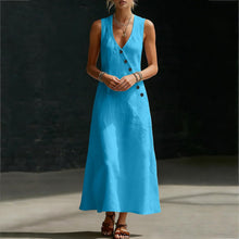 Laura Women's Dress – Midi Cotton Dress V-Neck Sleeveless Buttons A-Line Cut Summer