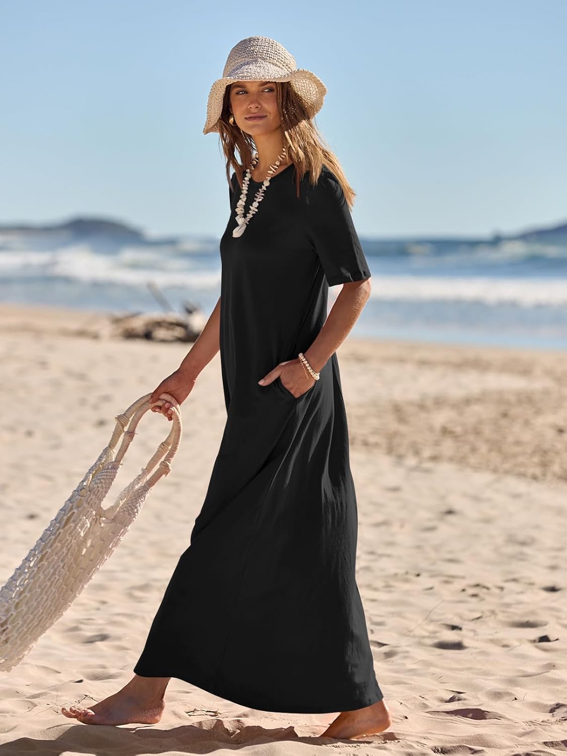 Julie Maxi Dress for Women – Long Dress with Short Sleeves and Pockets, Casual Elegant