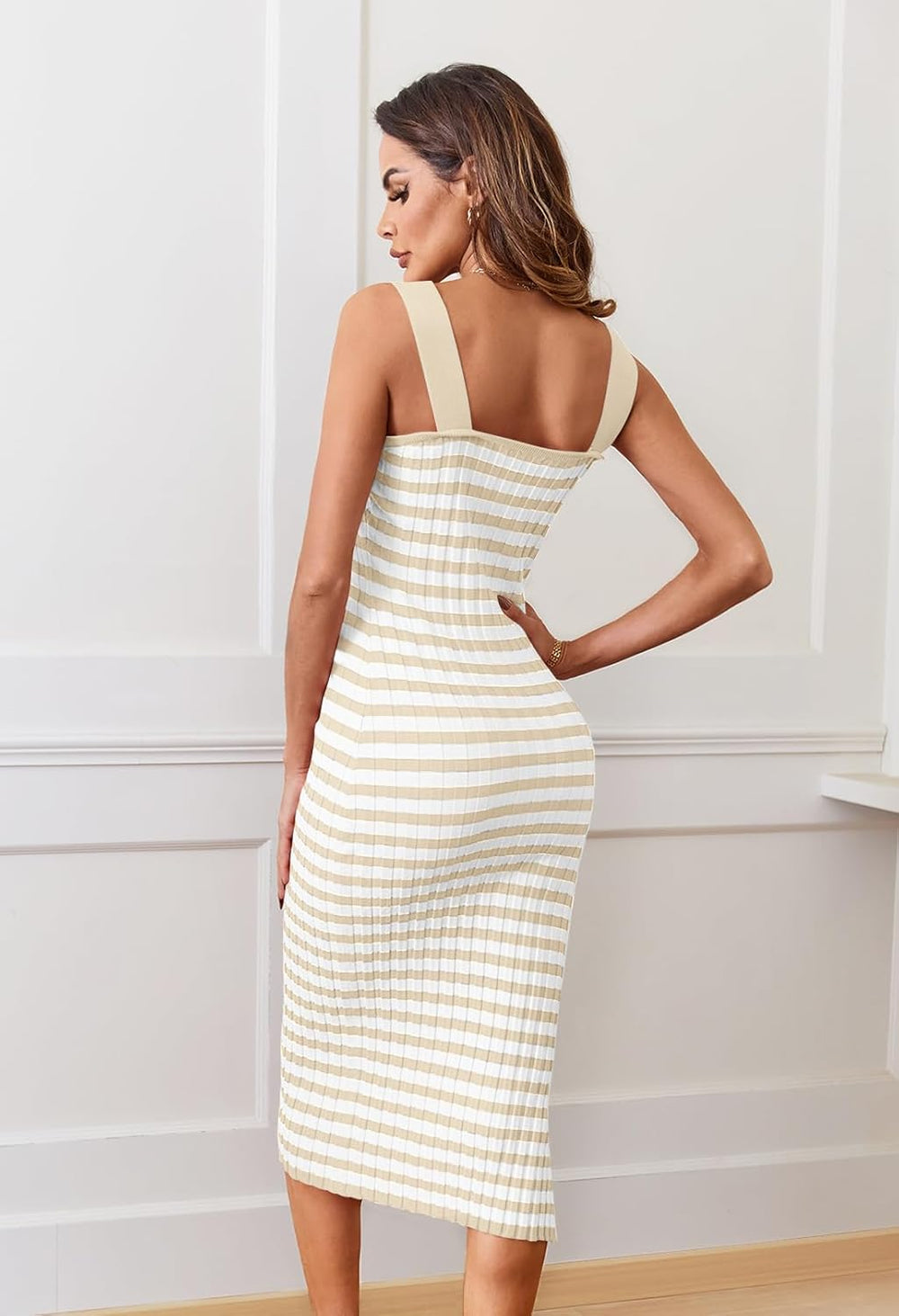 Emma Midi Dress for Women – Fitted Ribbed Knit Dress with Square Neck and Side Slit, Chic Summer Style