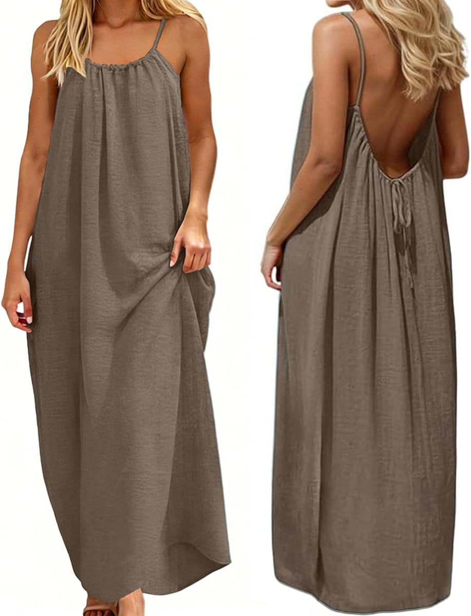 Luna Maxi Dress for Women – Backless Dress with Thin Straps, Linen Effect, Summer Boho Style