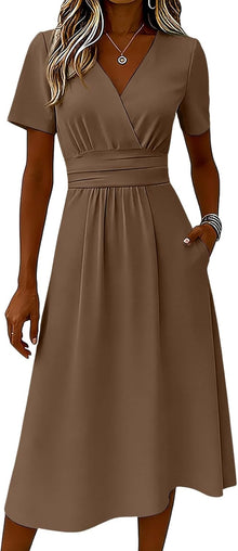 Claire Women's Dress – Elegant Summer Midi Dress with V-Neck, Wrap Front, Empire Waist, A-Line
