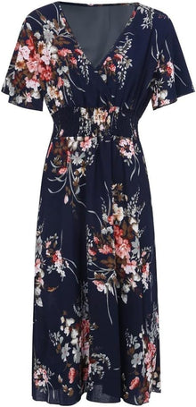 Élise Women's Dress – Floral Midi Dress V-Neck A-Line Lightweight Linen Cotton Elegant Summer